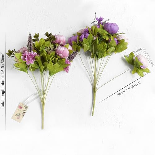 Image of FiveSeasonStuff Dusty Purple, Mauve & Greenery Accents Artificial Peony Bouquet, Two Faux Silk Flower Bundles with Hydrangeas