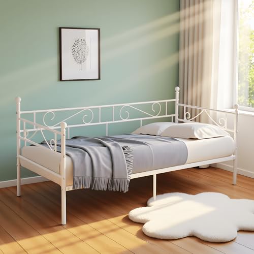 FetiNes Tagesbett Bettgestell 90x200 cm Bett, Metal Wasserdicht Familienbett Gästebett Metallbett Jugendbett Einzelbett Sofabett für Schlafzimmer Wohnzimmer passend, Weiß