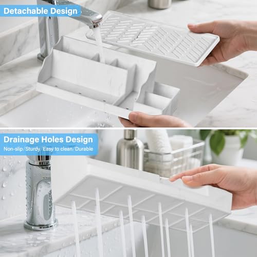 Bathroom Countertop Organizer With Tray, Toothbrush Holders and Toothpaste Holder Drainage for Bathroom Accessories,Organization Counter Vanity Storage,White-marble - Image 6