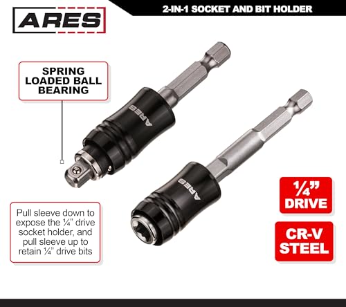 Image of ARES 70034 2-in-1 Socket Bit Holder - Holds 1 /4-Inch Drive Sockets and Bits - Quick Change Mechanism - Easy Switching Between Bits and Sockets