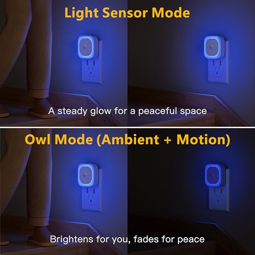 Image of YUNLEX 2 Pack Plug in Night Light with Motion Sensor & Dusk to Dawn Sensor, 3 in 1 Blue Night Lights Plug into Wall, Dimmable Nightlight for Bathroom, Bedroom