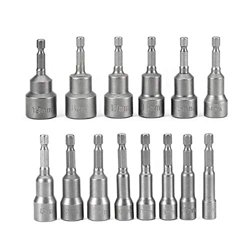 Metric Socket 1/4 Hex Drill Bits 14PCS of 6 19mm Socket Sleeve Magnetic Nut Driver Set Power Tools Kit