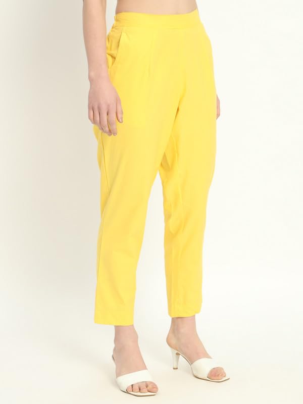 Image of Women's Solid Straight Fit 100% Cotton Trousers | High Waist, Side Pockets, Ankle Length Pants for Office, Casual