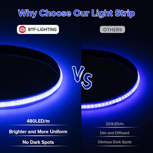 Image of BTF-LIGHTING Blue Color COB LED Strip Light, UL Listed High Density Flexible Tape Light with RF Remote & ETL Power Adapter, DC12V 16.4FT Ultra Bright Light for Cabinet Kitchen Home Indoor Lighting