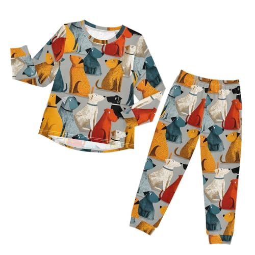 Long Sleeve Pajama Set for Girls Boys,Colorful Dogs Sitting Together Comfy Crewneck Sleepwears,Soft Kid's Homewear Clothes Underwear Sets 8T