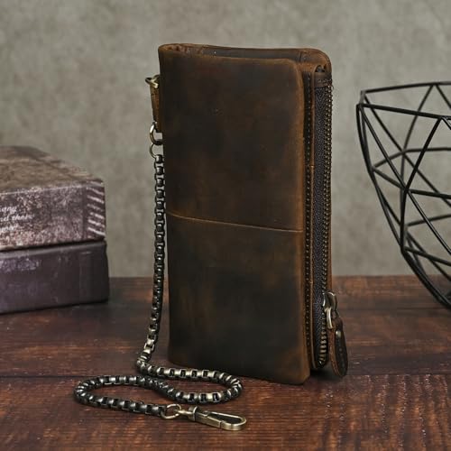 Vintage Long Genuine Leather Bifold Wallet for Men RFID Blocking with Zipper Pocket (Coffee)4