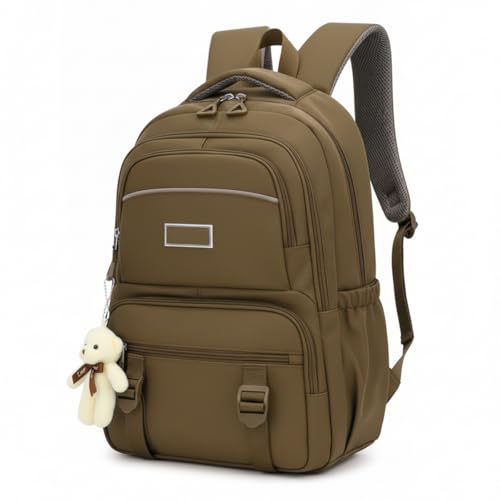 Mochila Feminina Fofa Leve Impermeável Resistente Escola Faculdade Dia a Dia Com Ursinho (Marrom)