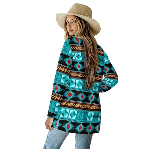 Image of Women's Aztec Open-Front Jacket Lightweight Casual Outerwear Native Western Aztec Pattern & Plaid Houndstooth Print