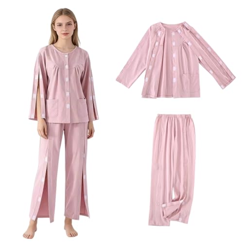 KUMUROETA Long-Sleeved Pajamas,Tear Away Bedridden Clothes,Suitable for Postoperative Care,Pink