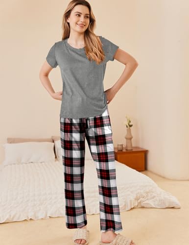 Image of Ekouaer Pajama Sets for Women Round Neck Pjs Short Sleeve Sleepwear with Long Pants Loose Lounge Sets