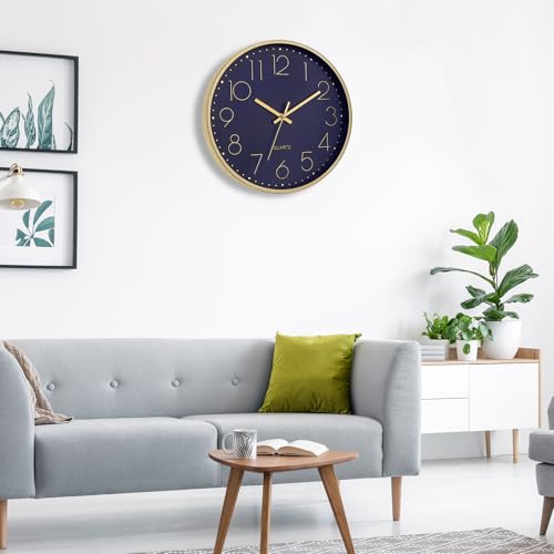 Image of Foxtop 12 inch Modern Wall Clock Silent Battery Operated Metal Gold Clock | Dark Blue Dial, Non-Ticking, Round, Analog Clock, Quartz, Easy to Read, Living Room, Bedroom, Kitchen, Office