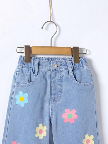 Floerns Girl's Floral Pattern Kids Jeans Elastic Waist Wide Leg Denim Pants4