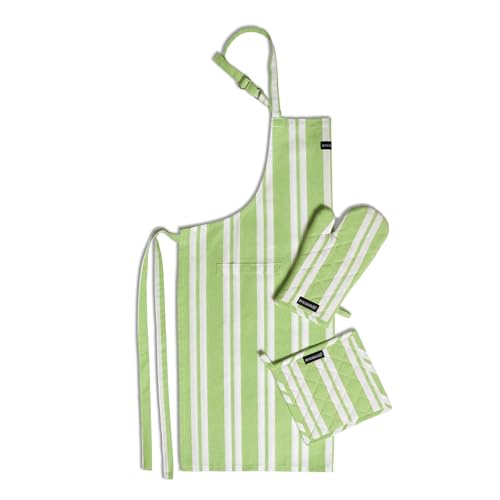 Image of Encasa XO 100% Cotton Apron Set for Women & Men with Adjustable Apron, Oven Gloves & Pot Holder (Pack of 3) Combo, Heat-Resistant, Soft & Durable for Cooking, Baking & Grilling (Franca Lime Stripes)