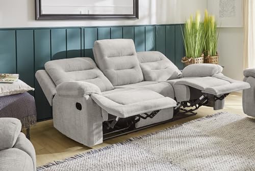 Gemütliches Dreisitzer Sofa mit Federkernpolsterung und Wellenfedern B220/T98/H103 cm, verstellbare 3er Couch durch halbautomatische Relaxfunktion, Bezug Chenille in Grau / 15503 – Bild 8