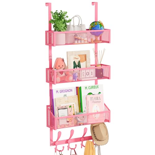 Kaiferty Over The Door Hooks Organizer, Coat Rack Over The Door Storage Hanger Towel Rack, Back of Door Storage Organizer for Bathroom,Bedroom,Kitchen,Office (Pink, 4-Tier)