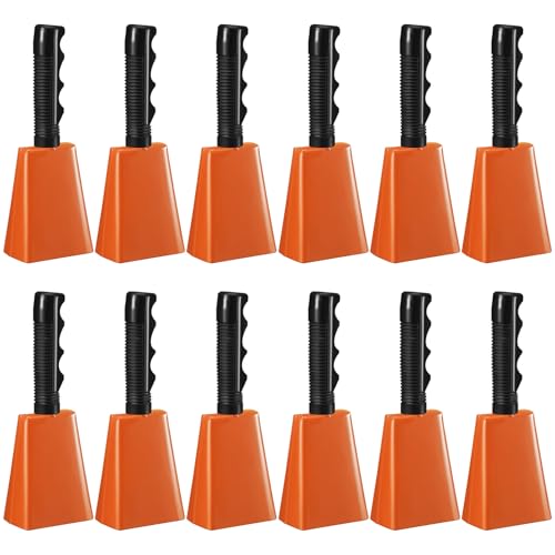 Fiada 12 Pcs Cow Bell 8 Inch Noise Makers for Sporting Events Loud Hand Bell Musical Cheering Cowbell with Handle for Football Classroom Graduation School Events (Orange)