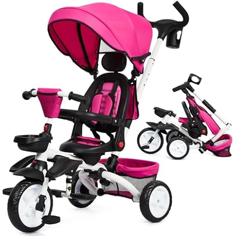 Babevy Baby Tricycle, 7 in 1 Folding Toddler Bike w/Removable Adjustable Push Handle, Canopy, Rotatable Seat, Safety Harness, Cup Holder & Storage, Trike for 1-5 Year Old (Rose) Cover