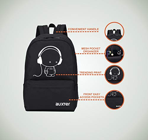 AUXTER Polyester Music 15 Ltrs Casual School Bag College Backpack for Boys and Girls (Black)