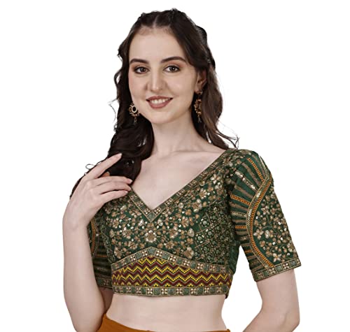 Image of Pujia Mills Mills Women's Fancy Readymade Heavy Coding Embroidary Worked Half Sleeve Multicolor Saree Blouse(Mushroom)