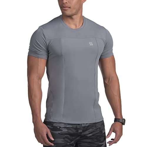 SAAKA Men's Hybrid Compression Shirt. Form Fitting for Muscular & Athletic Look. (Large, Graphite)