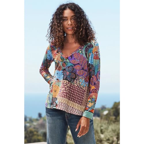 Johnny Was Madison Favorite V Neck Swing Tee Floral Purple Special Shirt Top New3