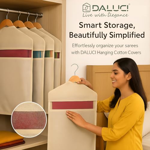 Image of DALUCI Cotton Hanging Saree Covers | Saree Bags for Storage with Zip | Large 30x18 Inch Wardrobe Organizer Clothes Storage Bags for Sarees, Lehengas & Blouses | (Without Hanger) (Pack of 6)