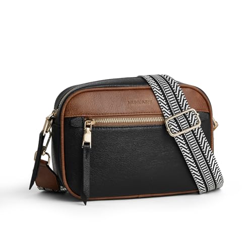 Small Crossbody Bag for Women Triple Pockets Vegan Leather Shoulder Camera Purse with Long Guitar Strap