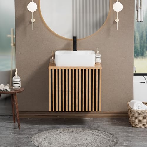 UEV Meuble Salle de Bain, Meuble Suspendu 60cm avec Vasque à Poser, Lavabo en Céramique, Deux Tiroirs avec Grand Espace de Rangement, Motif de Ligne, 60 x 45 x 50 cm,...