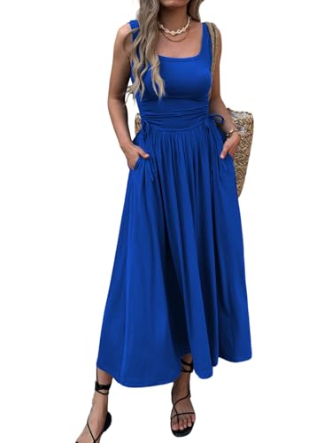 Image of Mieazom Women's Boho Summer Maxi Dress with Pockets, Adjustable Waist, Sleeveless Casual Ruched Sundress for Beach Vacation