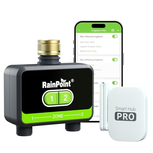 RAINPOINT Timer Irrigazione 2 uscite, ingresso in ottone, Centralina Irrigazione per irrigazione giardino con app/controllo vocale Alexa, ritardo della pioggia/controllo manuale/automatico (Wlan)