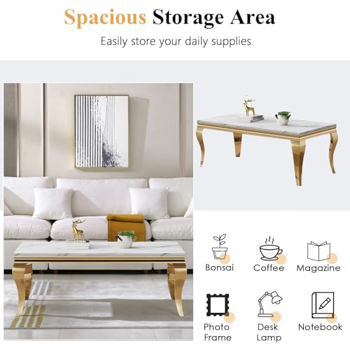 Image of Luxury Coffee Table Set of 2, Rectangular Coffee Table with End Side Table, Modern 2 Piece Living Room Table Set with Faux Marble Top & Gold Stainless Steel S Legs for Apartment Home Office