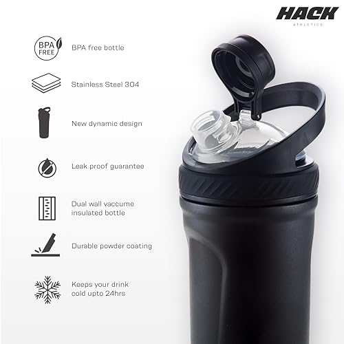 Image of Hack Athletics Premium Stainless Steel Insulated Shaker Bottles for Gym, Protein Shaker, Pre Workout Bottle, Water Bottle for Men and Women, BPA Free Material 100% Leakproof | 709ML (Black)