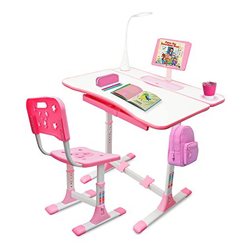 Gorilla Gadgets Kids Desk and Chair Set, Height Adjustable Children's Study Table, Student School Desks with Lamp, Pencil Case, and Bookstand