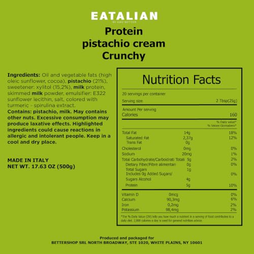 Image of EATALIAN by AMZ BETTER Spreadable Crunchy Pistachio Protein Cream 17.63 oz / 500 gr, Pistachio Cream with Grains, Protein Paste, Sweet Taste, Ideal on Bread Excellent for Dubai Chocolate, Made in Italy