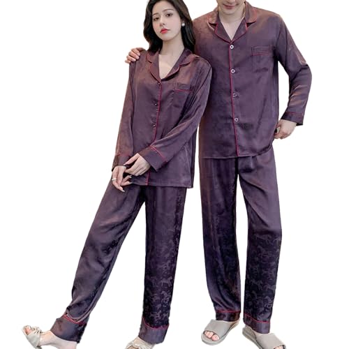 Couples Silk Satin Pajama Sets Long Sleeve V-Neck Button-Down Top and Pants Loungewear with Pockets for Couples