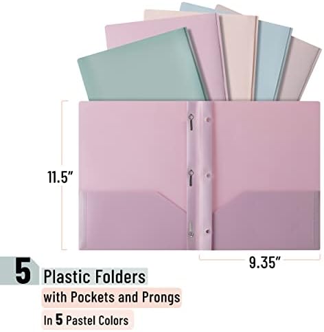Mr. Pen- Plastic Folders with Pockets and Prong, 5 Pack, Muted Pastel Colors, Pocket Folders, File Fasteners, 2 Folder, Two