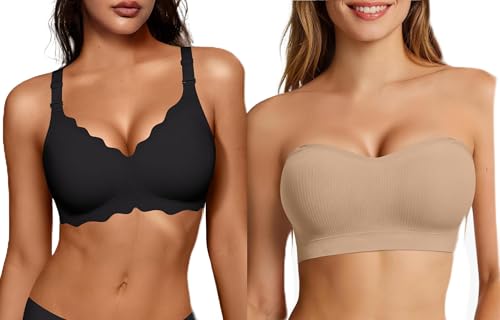 OEAK Jelly Bras No Underwire Scalloped Black Color 2XL+ Women Push Up Wireless Bandeau Bra Sand 2XL