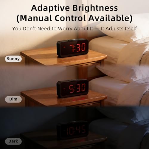 Image of Small Battery Operated Alarm Clock: Long-Lasting Battery Use | Compact Cordless Digital Clock for Bedrooms Desks and Travel - Easy to See with Auto Brightness for Seniors (Red Digits)