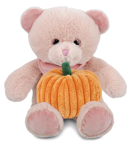 DolliBu Super Soft Pink Bear Stuffed Animal with Pumpkin Plush Decor - 8 Inch Plush Toy for Baby, Kids, Adults - Halloween, Thanksgiving, Fall Gift