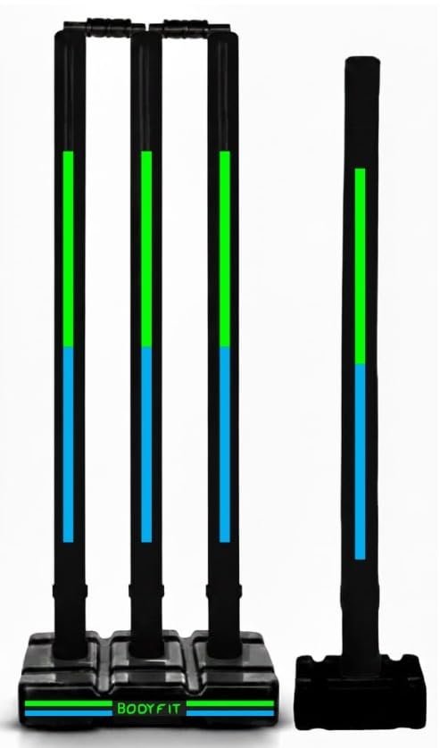 Image of Bodyfit PremiumCricket Stumps | PVC Wickets Set with 4 Stumps + 2 Bails + 2 Stands | Full Size Wickets for Cricket Ground, Tournament Wicket Black-GreenBlu.