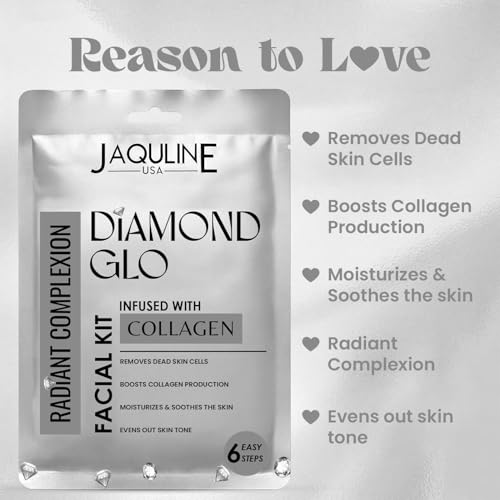 Image of JAQUILINE USA Diamond GLO Collagen Facial Kit | With Diamond Dust & Pearl Powder | Boosts Collagen & Brightens Skin | Anti-Ageing & Hydrating | For Men & Women , 32g