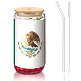 PEGQCVAM Gobelet en bambou avec couvercle et paille Motif drapeau du Mexique Sans BPA Gobelet réutilisable avec couvercle en bambou et paille en verre pour boissons chaudes ou froides 473 ml