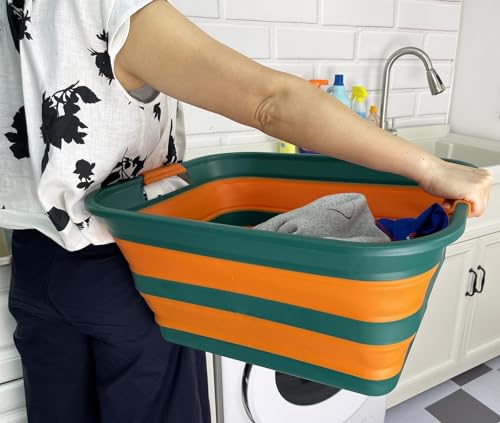 Image of SAMMART Collapsible Plastic Laundry Basket with Handle /Foldable Pop Up Storage Hamper /Portable Laundry Organizer-Space Saving Washing Tub /Household Storage (Teal Green /Autumn leaf, 42L)