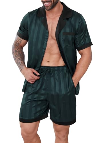 Image of DEARCASE Men's Satin Silk Pajamas Set Classic Button Down Sleepwear 2 Piece | Soft and comfortable silk fabric, lightweight, spliced color sexy lounge wear, short sleeve sleepwear shorts with Pockets