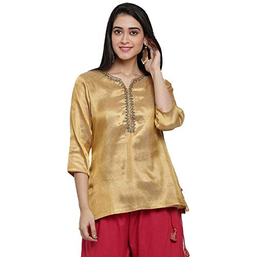 Image of BIBA Women Synthetic Straight Fit Poly Metallic Yarndyed Straight Kurti