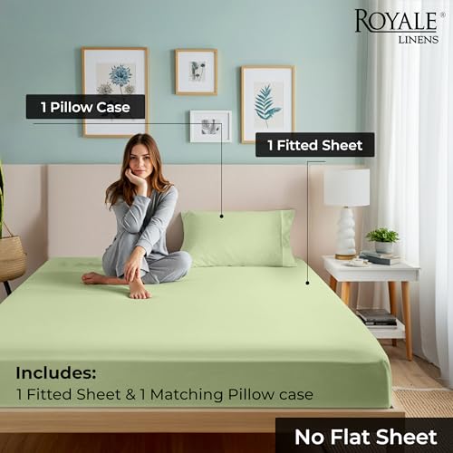 Image of Royale Linens Fitted Sheet With Pillowcase - Twin XL Fitted Sheets With 1 Pillowcase - 300 Thread Count 100% Organic Cotton - Fit Mattress Up to 18 inch Deep -Soft & Breathable -Sage Green (No Flat Sheet)