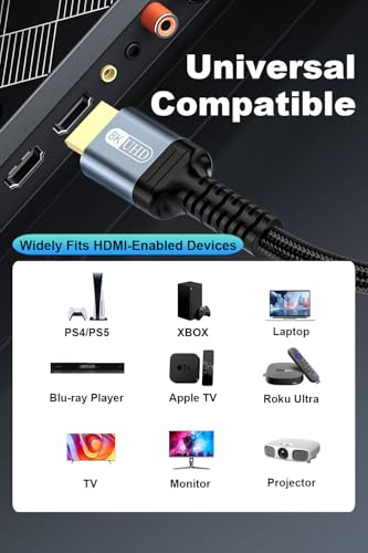 Image of 10K 8K 4K HDMI 2.1 Cable 8ft, 48Gbps Ultra High Speed HDMI Cable Braided Cord-8K@60Hz 4K@120Hz, Dynamic HDR, eARC, HDCP 2.2&2.3, 3D, for TV /Laptop /Monitor /PS5 /Xbox /Projector /Entertainment /Sound System