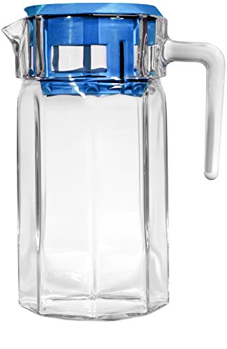 Circleware Lodge Glass Carafe Water Pitcher with Blue Lid and Handle, 50 ounce, Beverage Dispenser Drink Glassware for Beer Glasses, Wine, Liquor & Best Selling Kitchen Drinking Gifts