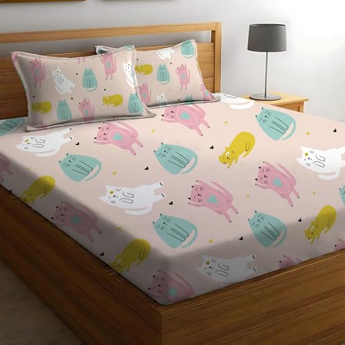 Image of DECOREZA Premium Cotton Feel Elastic Fitted Bedsheet Queen Size 60 x 78 Inch with 2 Pillow Covers | All-Around Elastic | Soft & Breathable | Mattress Upto 10 Inches (Cute Kitty)