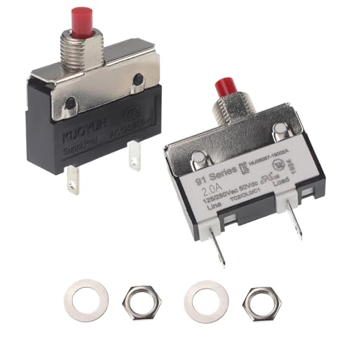 RKURCK 125/250V AC 50V DC Push Button Thermal Circuit Breaker 2 Amps, Overload Protection Quick Connect Terminals Manual Reset Switch for Motor Blender Upright Vacuum Cleaner Coffee Grinder 2A